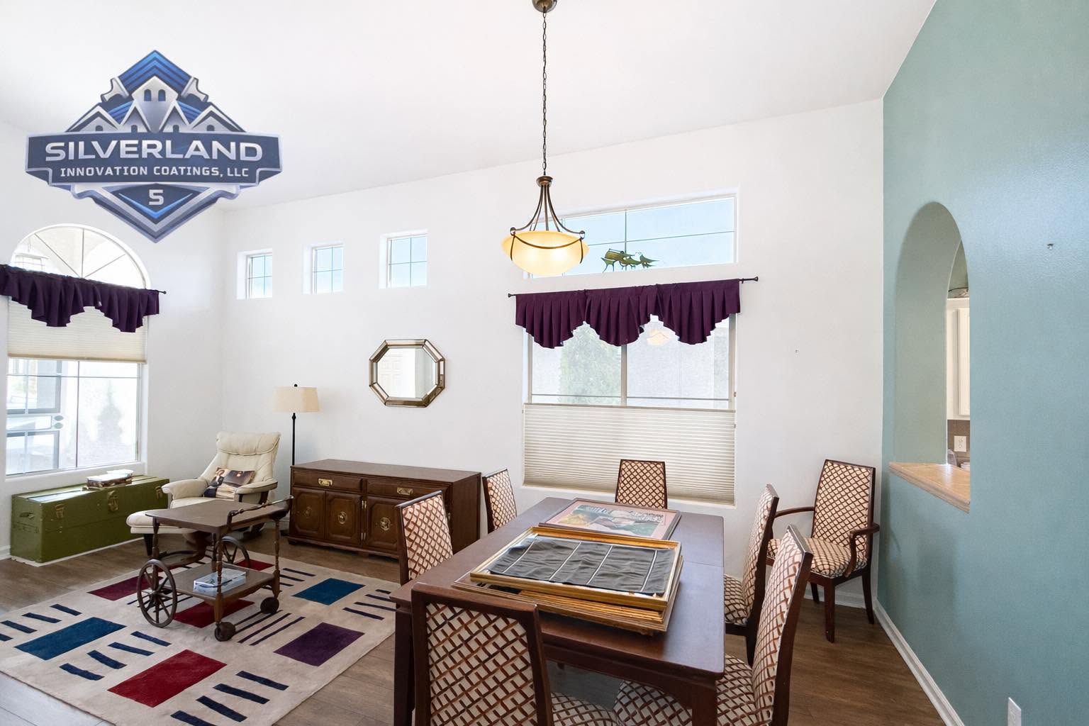 Dining room repaint with clean ceiling lines and wall color